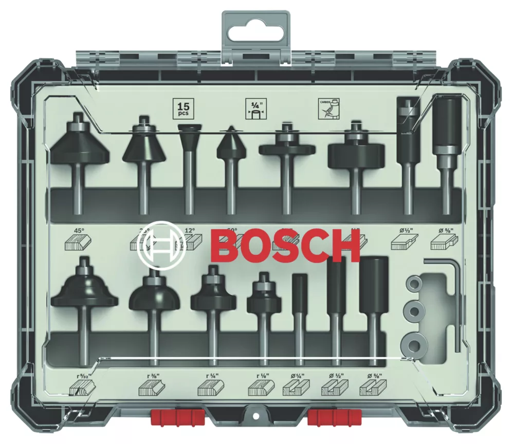 Bosch 1/4" Shank Router Bit Set 15 Pieces 3 Bosch 1/4" Shank Router Bit Set 15 Pieces