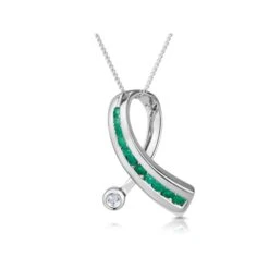 Emerald 0.22CT And Diamond 9K White Gold Ribbon Pendant Necklace