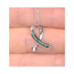 Emerald 0.22CT And Diamond 9K White Gold Ribbon Pendant Necklace -Craghoppers shop G3912 v2