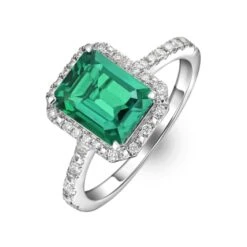 Astra 1.50ct Lab Emerald And Diamond Halo Shoulder Set Octagon Cut Ring In Silver