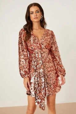 Dorothy Perkins Petite Rose Gold Sequin Wrap Mini Dress
